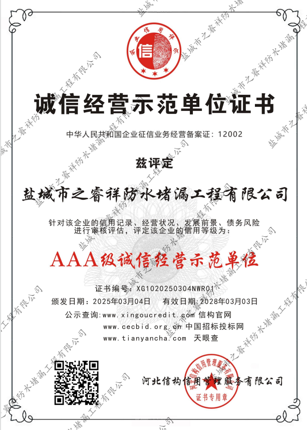 诚信经营示范单位证书